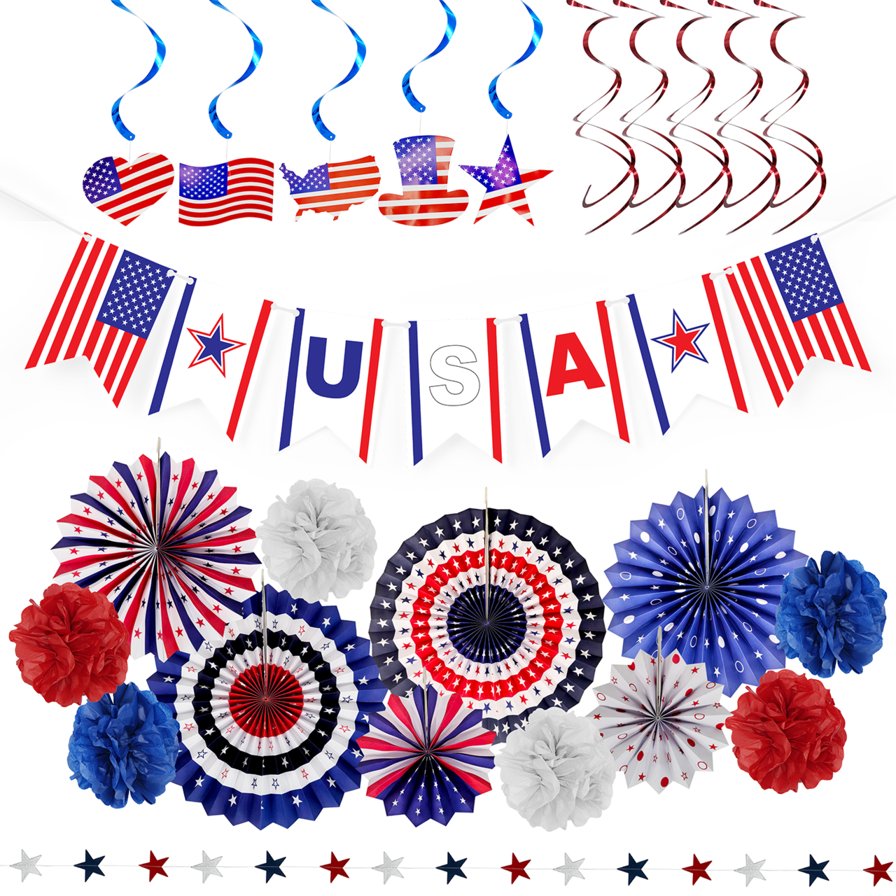 4E's Novelty 24 Pcs Patriotic Hanging Decorations, 6 Pcs Foldable Hanging Patriotic Paper Fans Red White Blue Decor with Star Streamer, American Independence Day Banner with USA Flag, USA Glory Decor